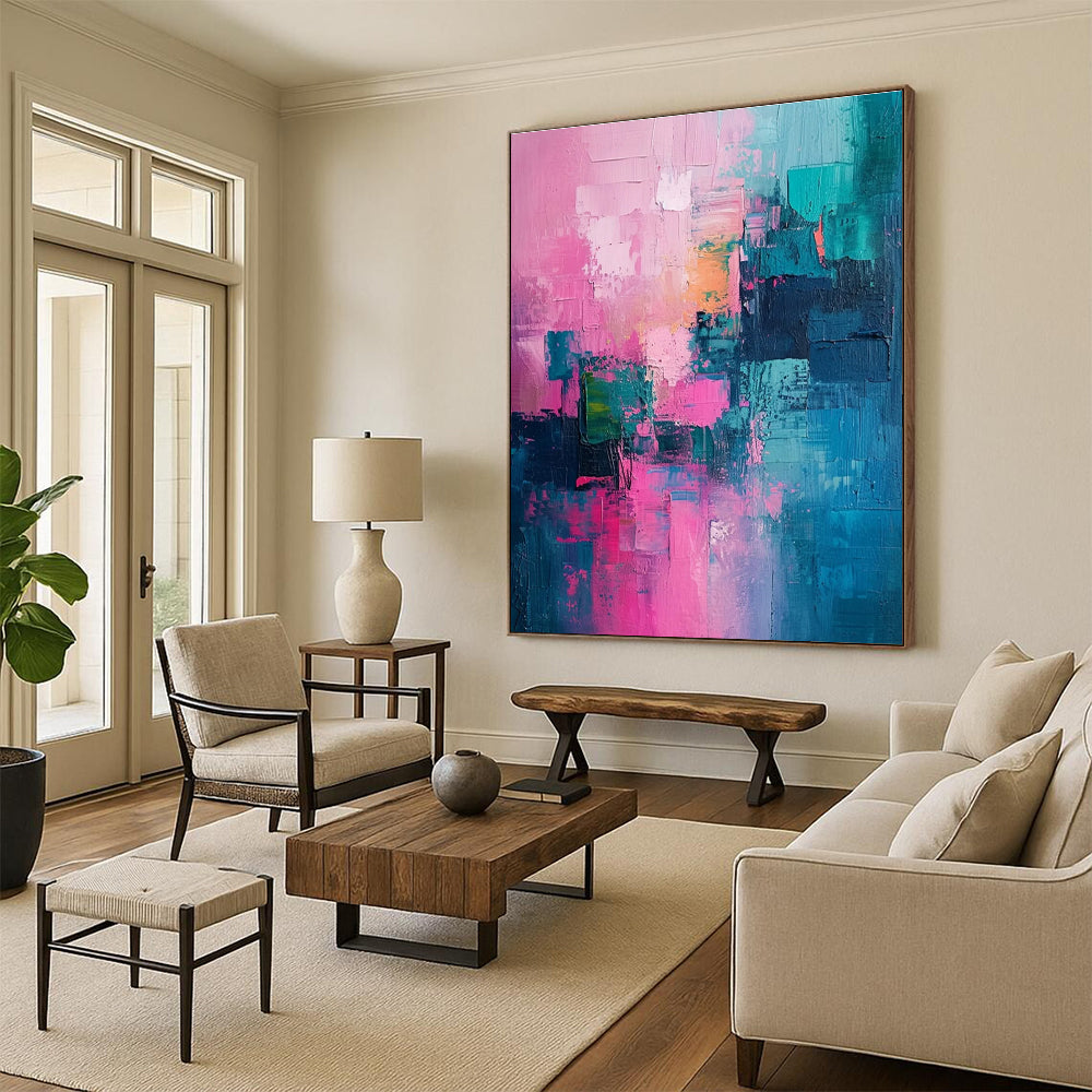Soft Pink and Blue Abstract Painting with Textured Layers ADGE061