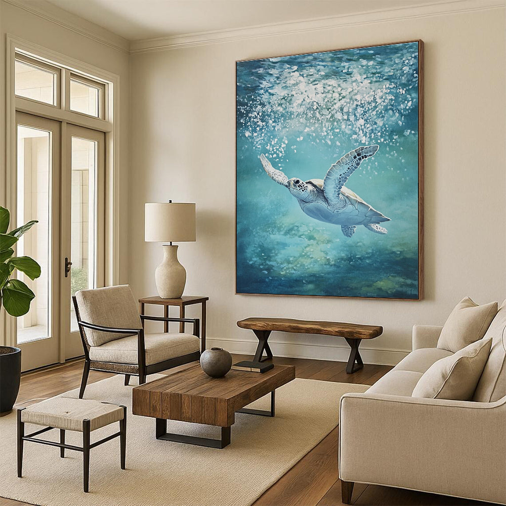 An abstract painting capturing the serene underwater scene of a majestic sea turtle gliding through crystal-clear waters with glistening skin and vibrant hues.STSC1175