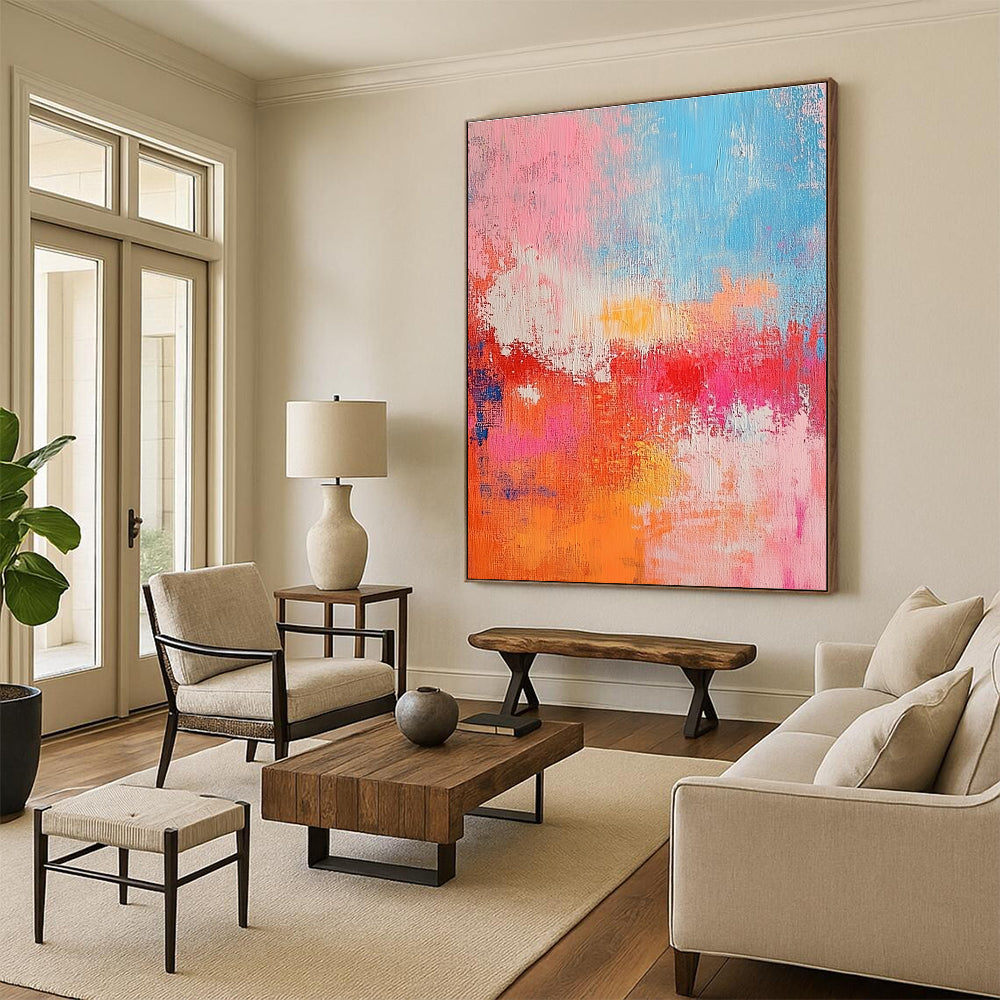 Pink Orange and Blue Abstract Painting with Textured Surfaces GER698
