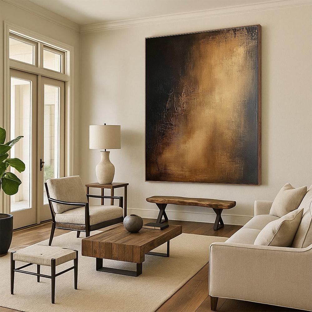 Black and Gold Textured Abstract Painting with Subtle Glow GER032