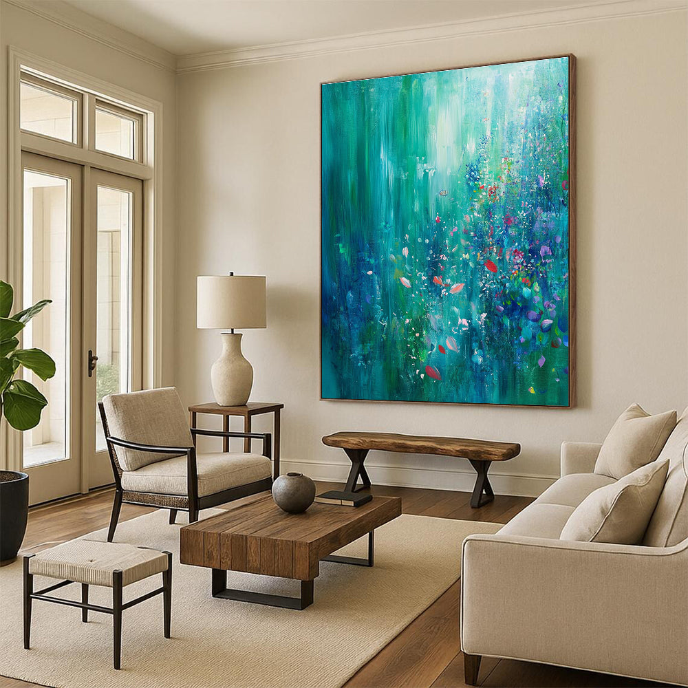 Large abstract painting of an underwater garden with turquoise emerald hues coral reef soft light small fish and colorful bubbles for a tranquil effect.STSC273