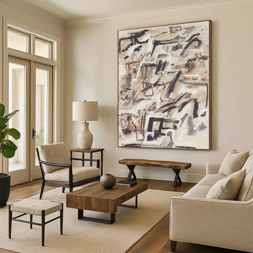 Dynamic Black and Beige Abstract Painting with Energetic Brushstrokes ADGE143