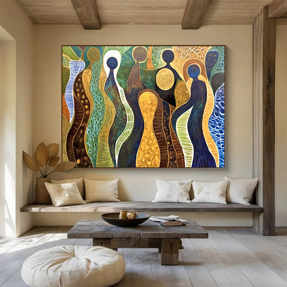 Abstract Figure Forms Painting with Earthy and Blue Tones DYP578