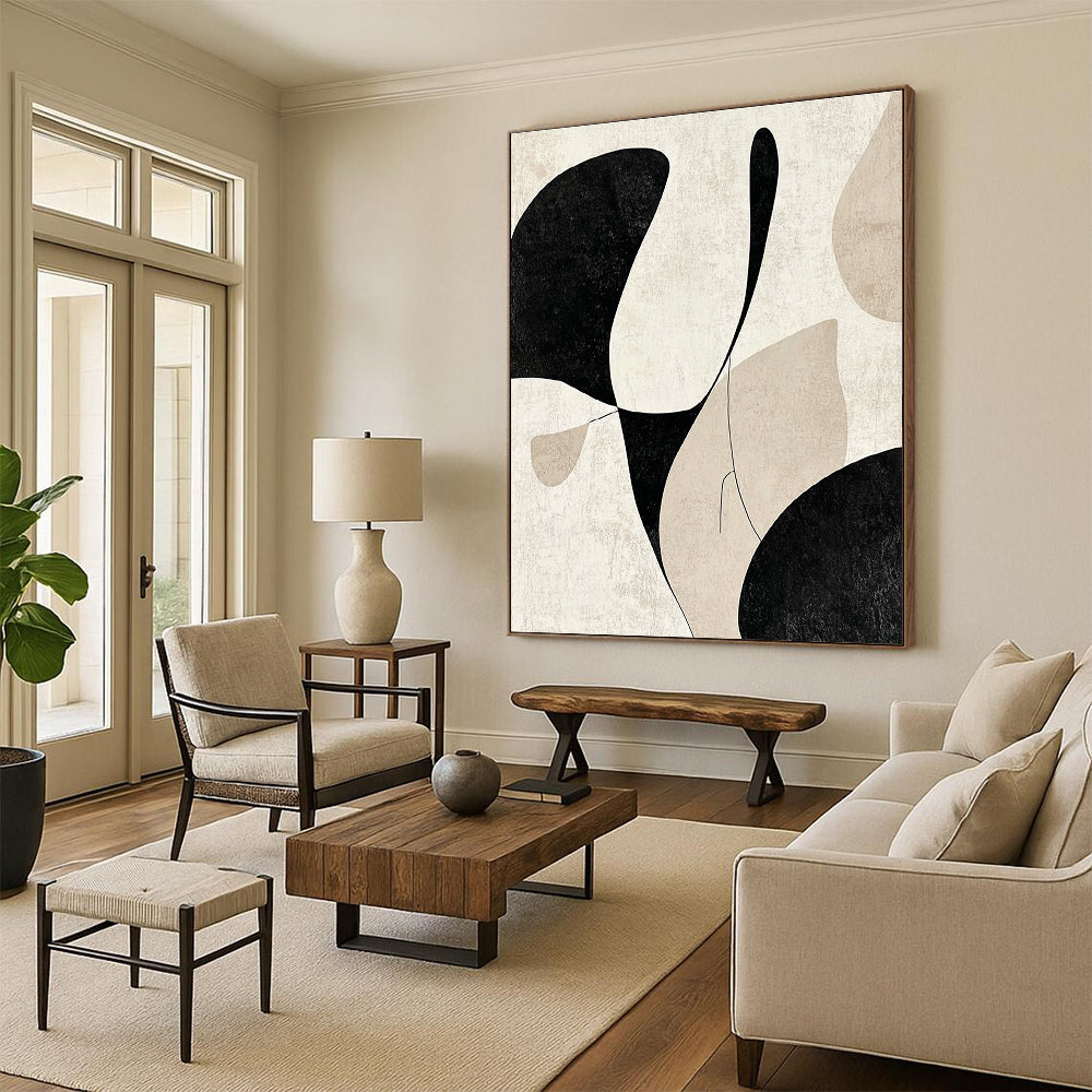 Abstract painting featuring black and beige soft lines and gentle curves creating an elegant minimalist design that highlights simplicity and form.STSC471