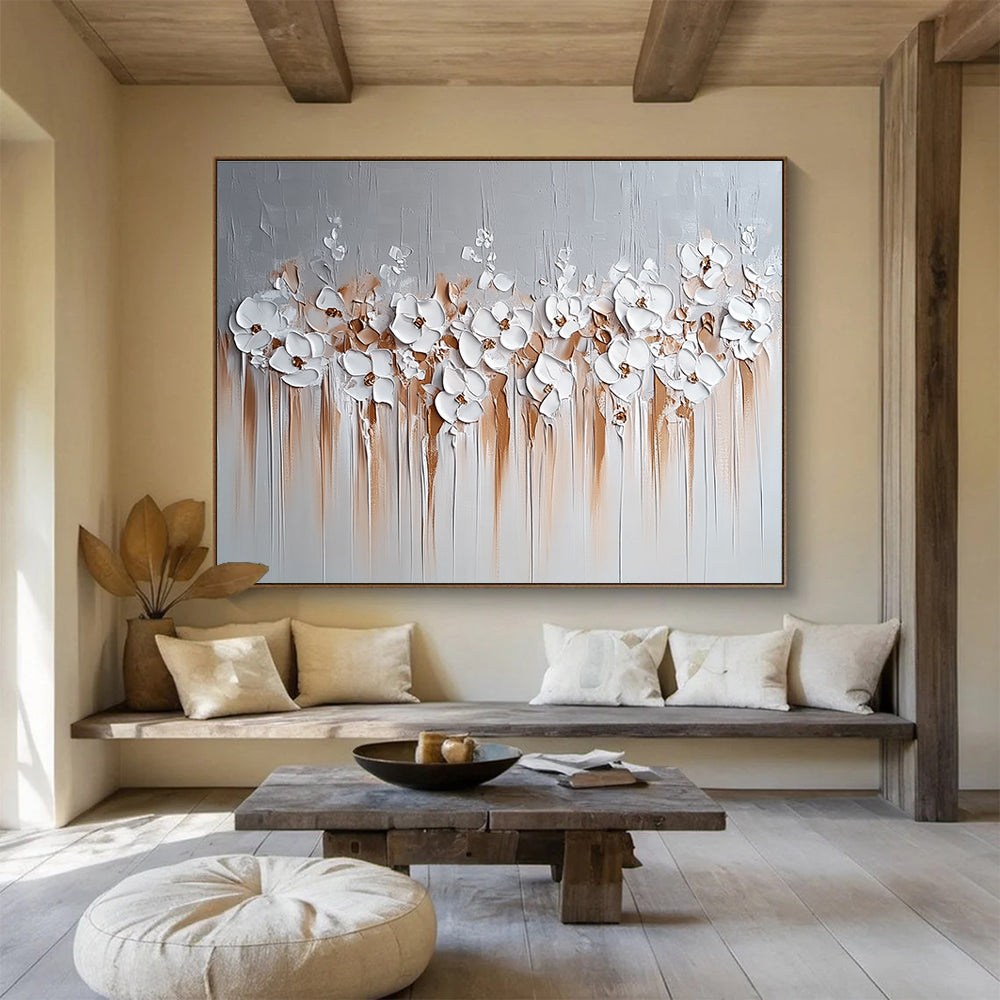 White Flowers with Brown Drips Abstract Painting in 3D Textures DYP452