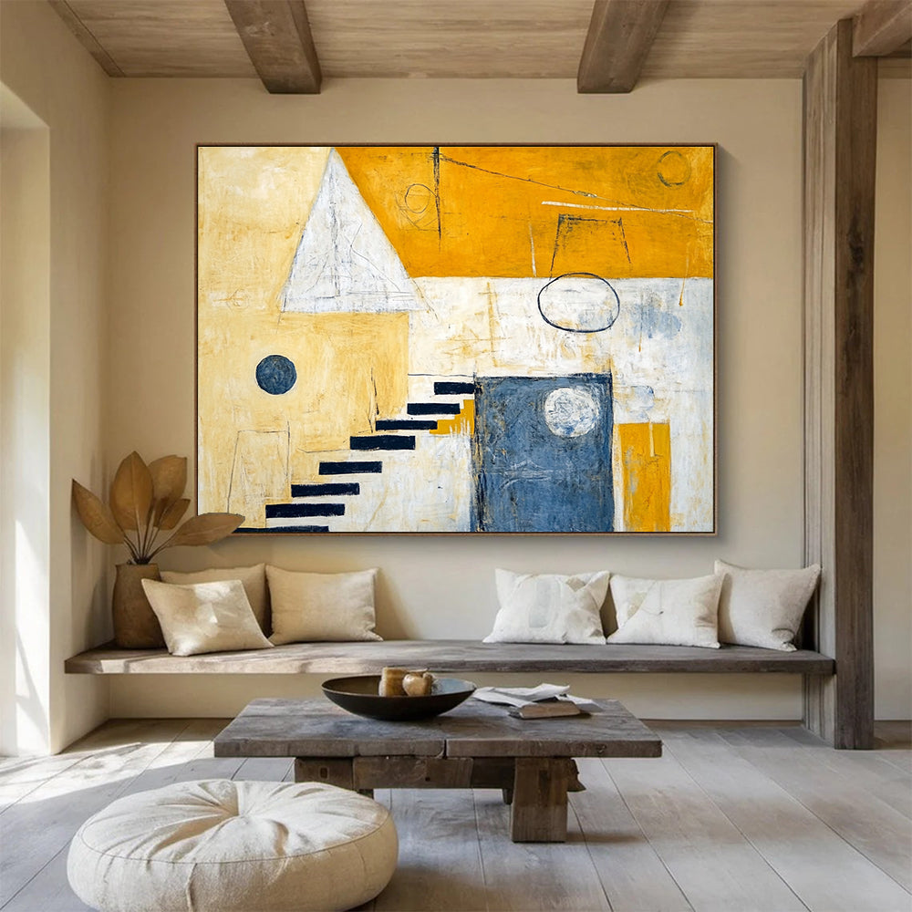 A large abstract painting featuring yellow and white hues, stairs leading to the sky, geometric shapes, and contrasting circles and squares.SC392