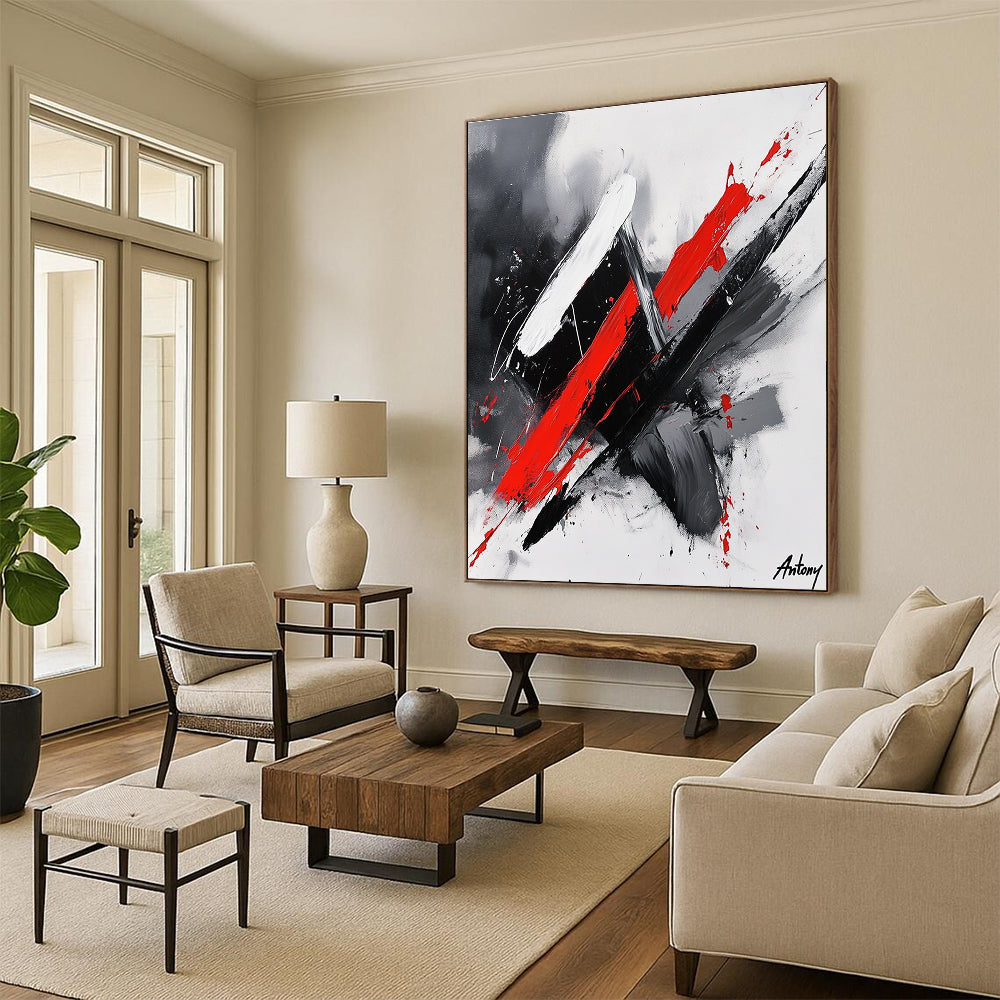 Dynamic Red Black and White Abstract Expressionist Painting GER245