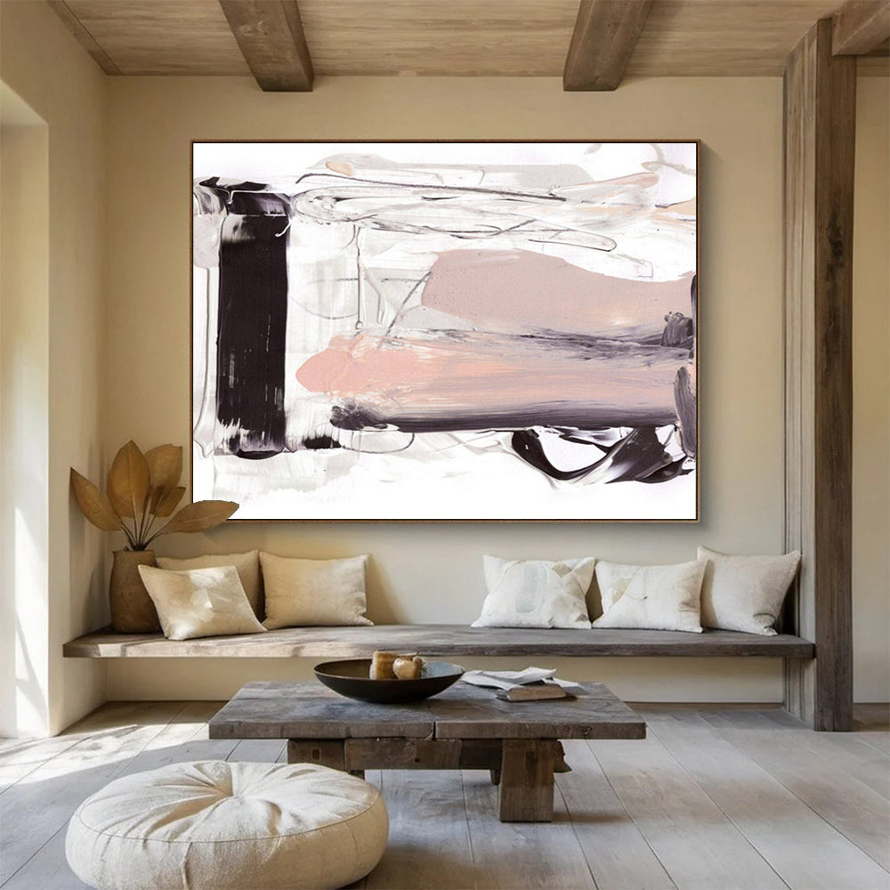 Neutral Tone Abstract Painting with Black, White, and Beige THY143