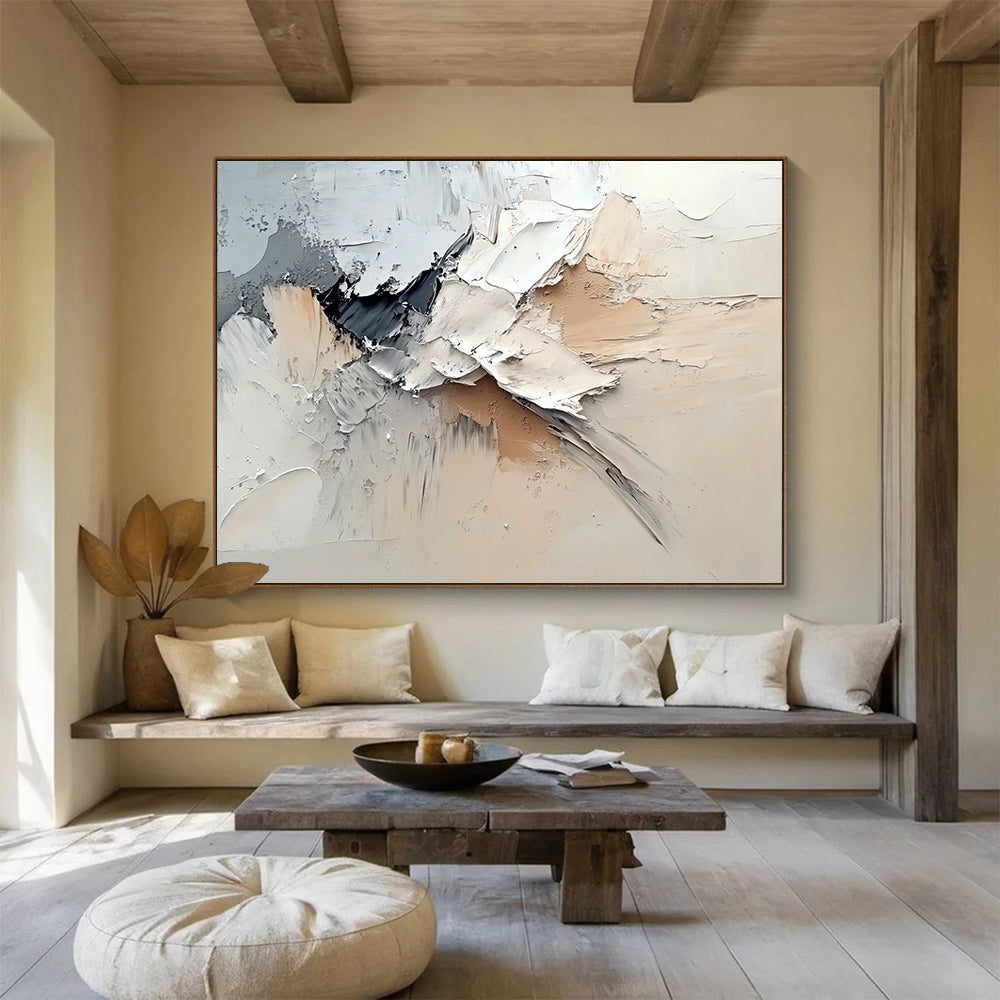 Large abstract painting featuring dynamic white, gray, and beige swirls in a neutral color palette reminiscent of Zao Wou-Ki.SC135
