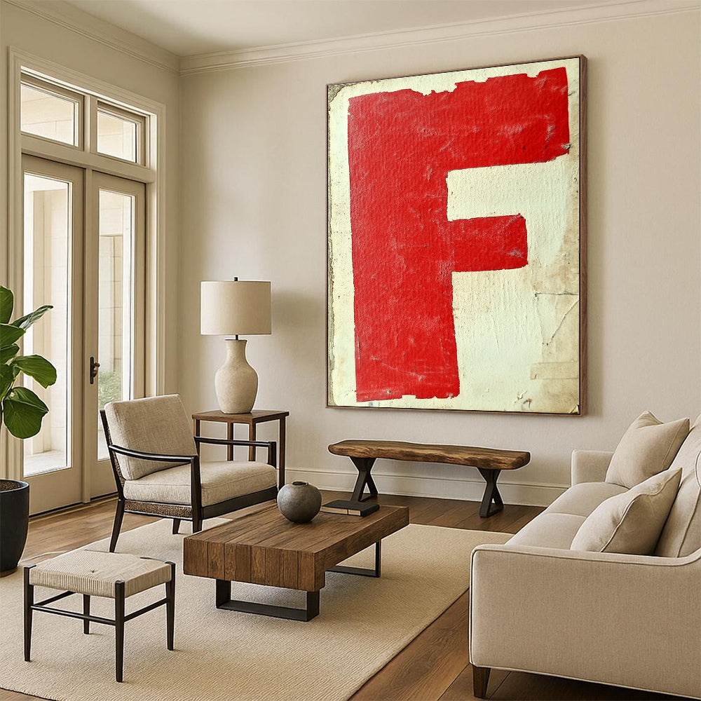 Large abstract artwork featuring red and white graffiti of the letter F with simple shapes on textured paper inspired by Gerd Arntz style.STSC1415