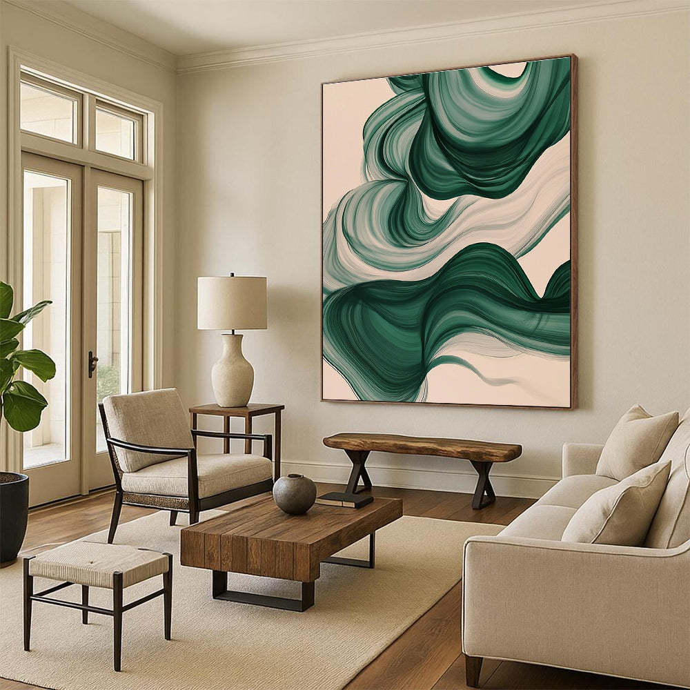 Green and White Abstract Painting with Flowing Ribbons GER423
