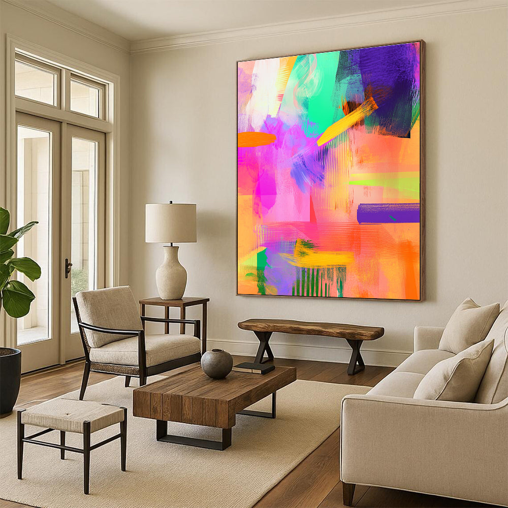 Large abstract painting featuring vibrant brush strokes in neon pink and mint green with details of purple and orange for a modern aesthetic.STSC551