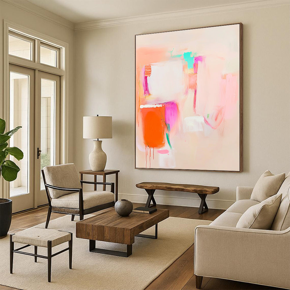 Large abstract painting in soft pink orange and white featuring everyday objects for a calming and dreamy effect on a light beige background.STSC623