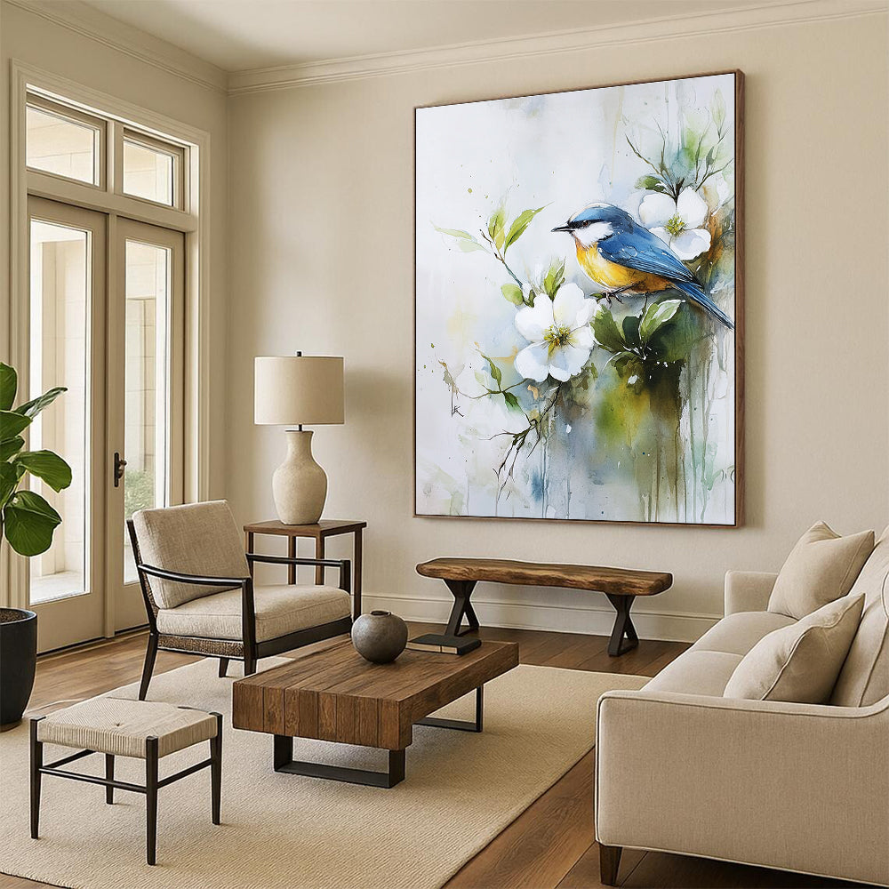 A large abstract painting featuring a blue and yellow bird on white flowers with soft green leaves and tranquil brushwork for serene beauty.STSC901