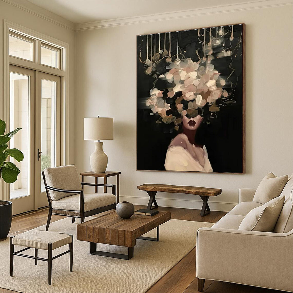 Blush Flower Head Woman Abstract Painting on Dark Background ADGE326