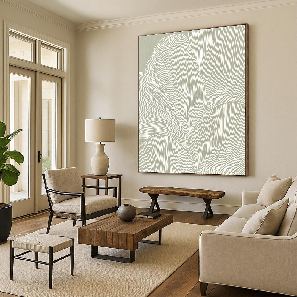 Large abstract art features elegant white line petals on soft gray beige paper creating a tranquil minimalist pattern with seamless curves.STSC1483