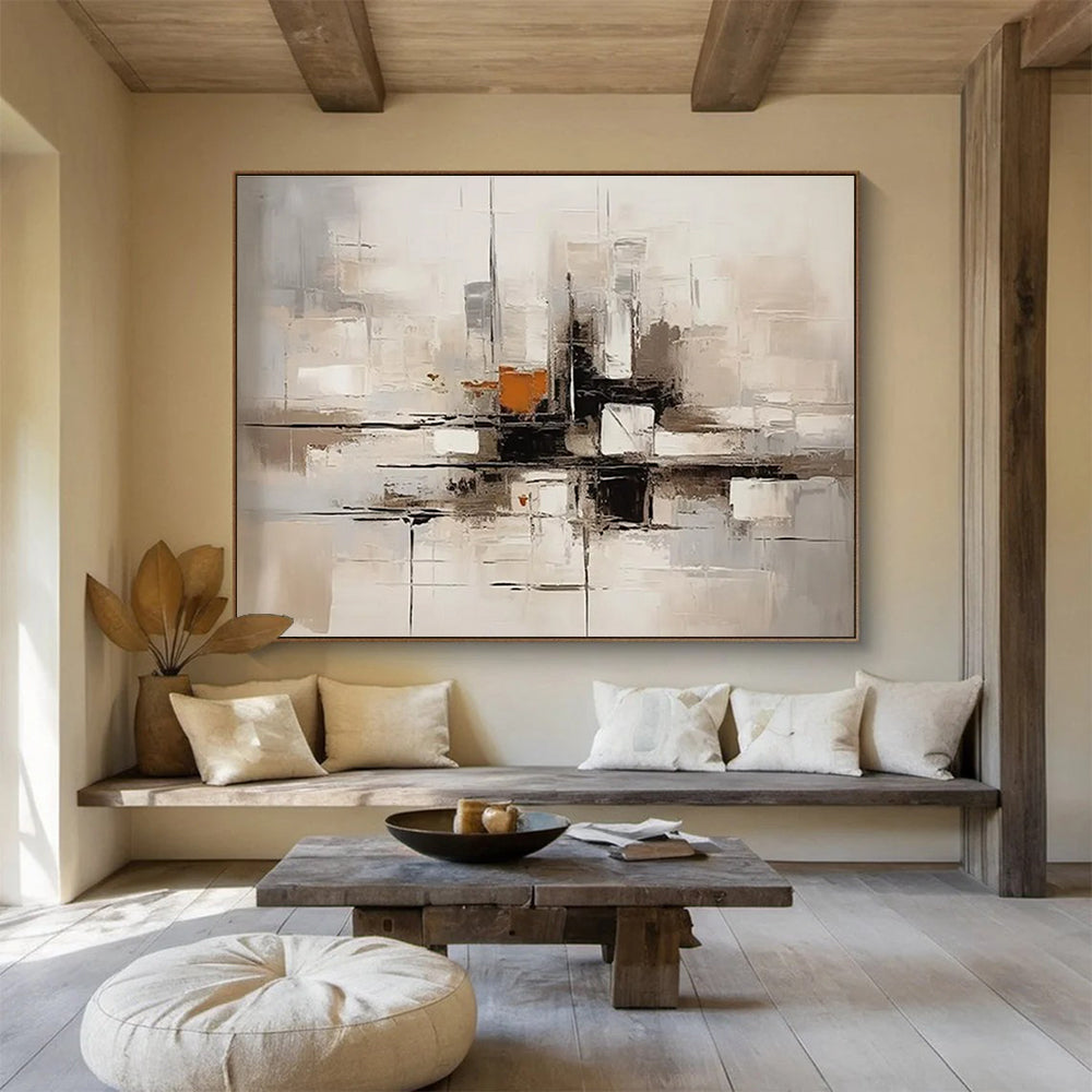 Gray Orange Abstract Painting with Architectural Abstraction THY322
