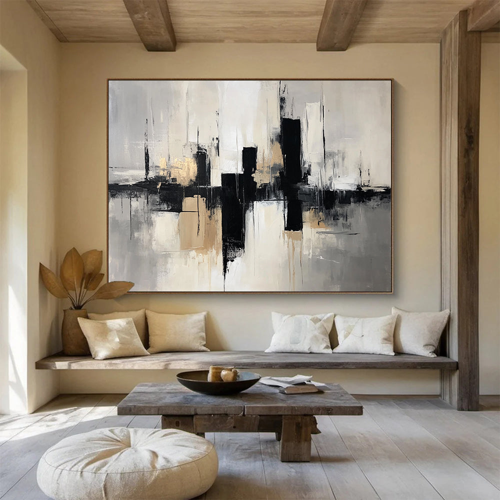Grey Black and Gold City Abstract Painting with Reflection Details DYP178