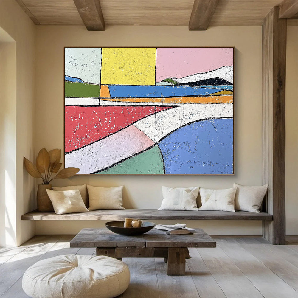 Large abstract painting in pastel colors featuring bold shapes and minimalistic design inspired by Etel Adnan and Henri Matisse.SC061