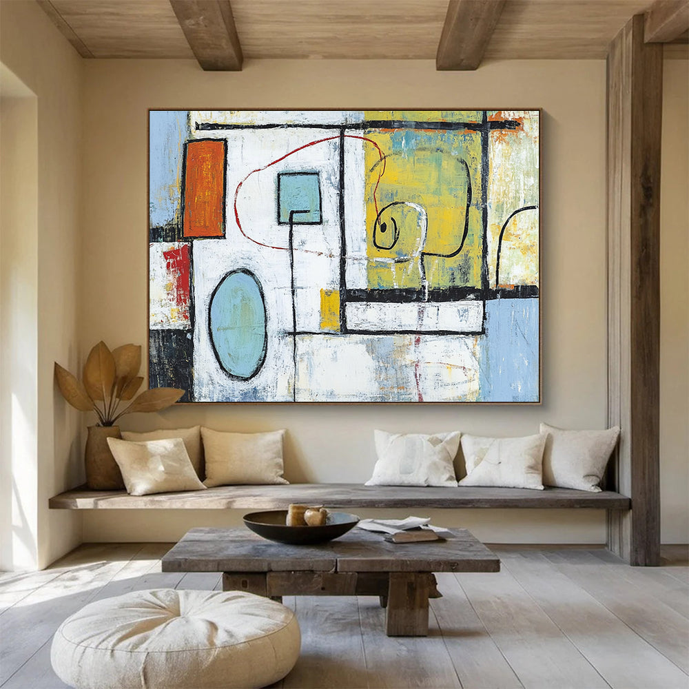 Large abstract painting featuring light blue white and green shapes with red lines yellow forms and black outlines set against a soft orange black background.SC194