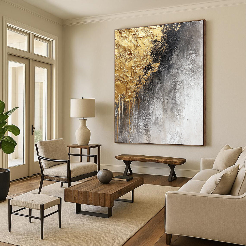 Gray Gold and Black Abstract Painting with Dripping Textures GER645
