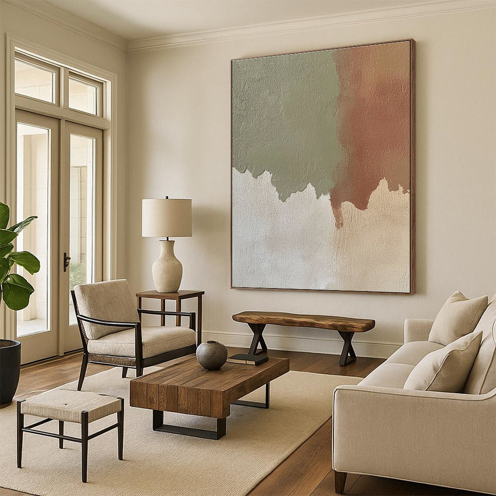 Abstract hand-painted artwork featuring beige paint with green shadows and reddish-brown shapes showcasing neutral tones and subtle color contrast.STSC488