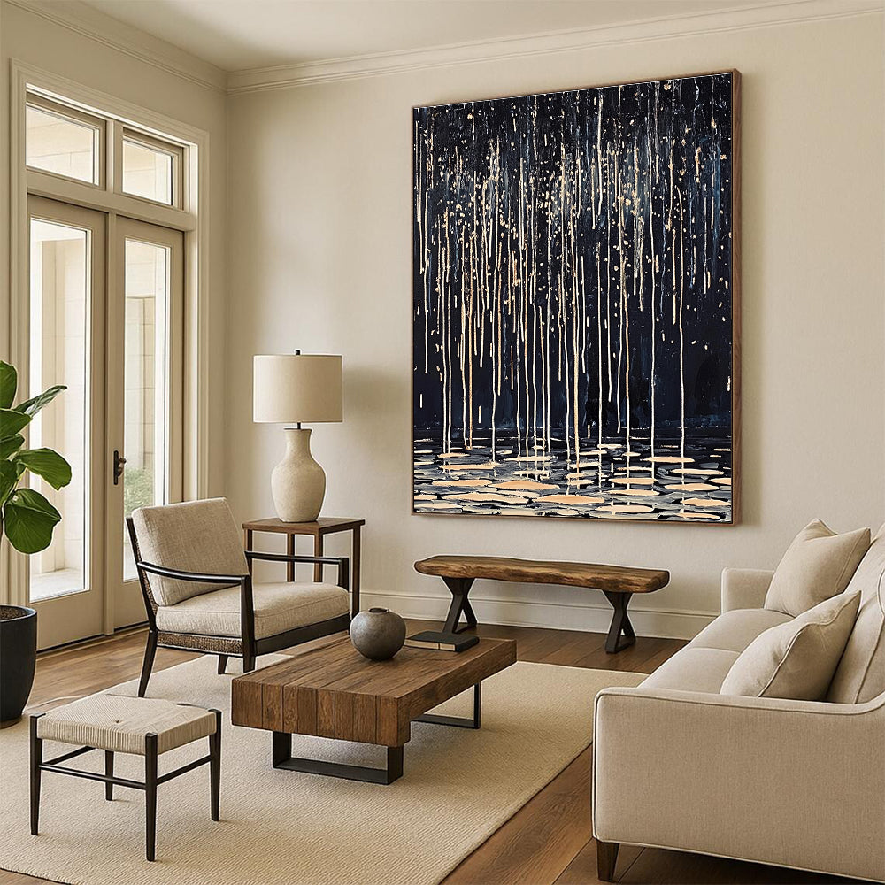 Abstract painting of dark rain with white and beige lines drips on water ripples using oil on canvas showcasing delicate textures and high-definition details.STSC1124