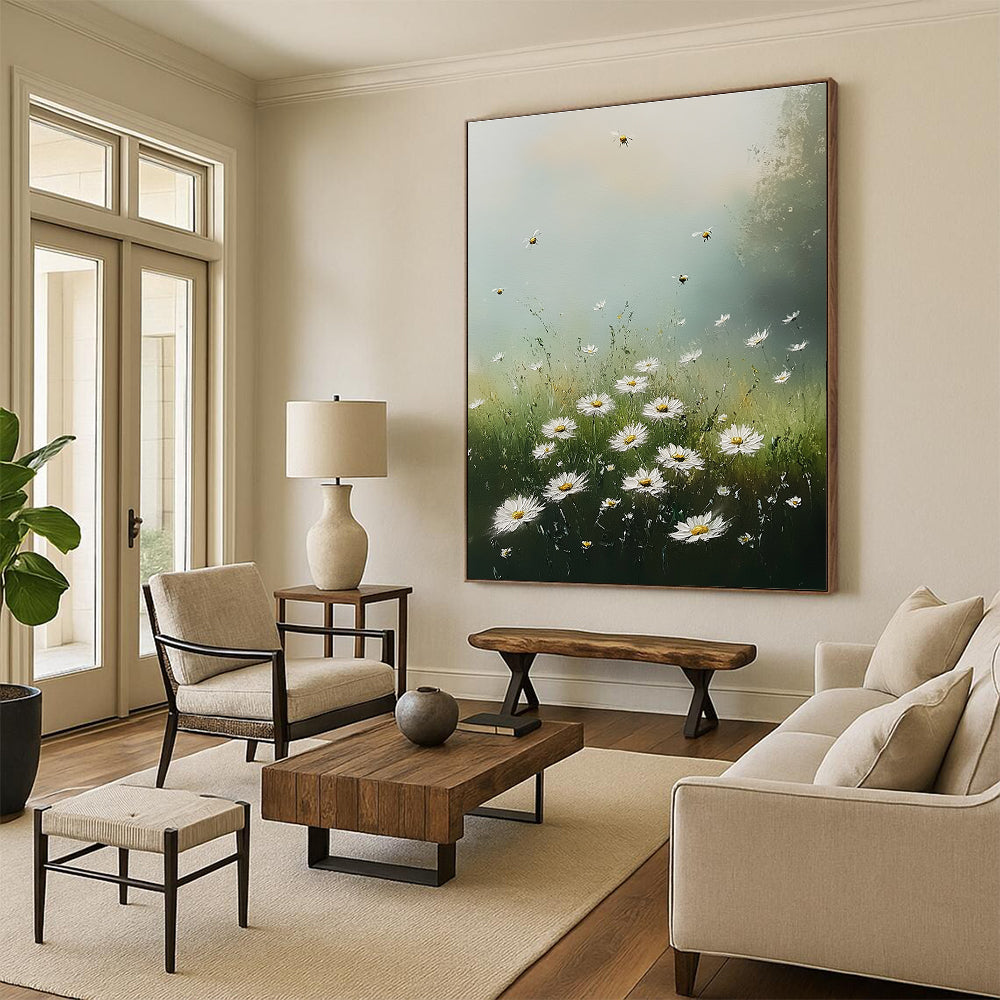 Large Abstract Painting of Wild Daisies in a Meadow Under Soft Morning Light with Bees and Fluffy Clouds Creating a Serene Atmosphere.STSC1176
