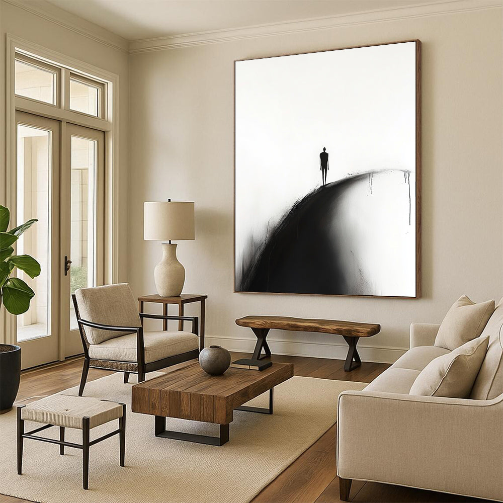 A large abstract painting featuring a silhouette of a man walking along a curved road on a white background in a minimalist style.STSC1331