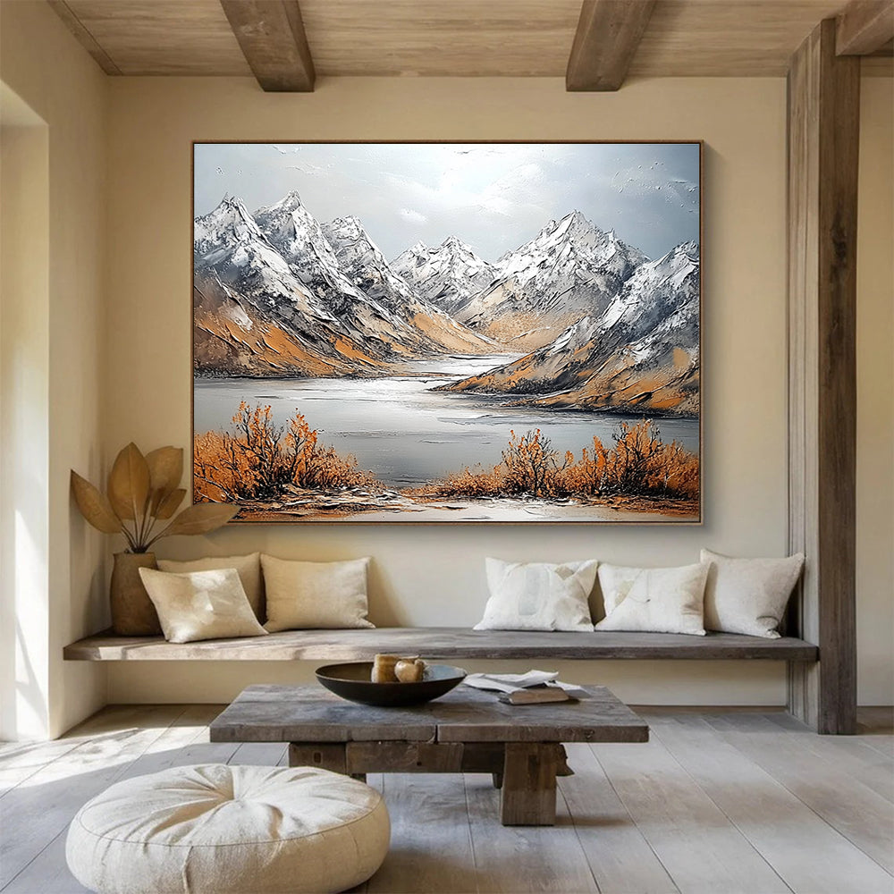 Large abstract painting featuring snowy mountains and intricate textures with a panoramic view of a distant river and soft light.SC611