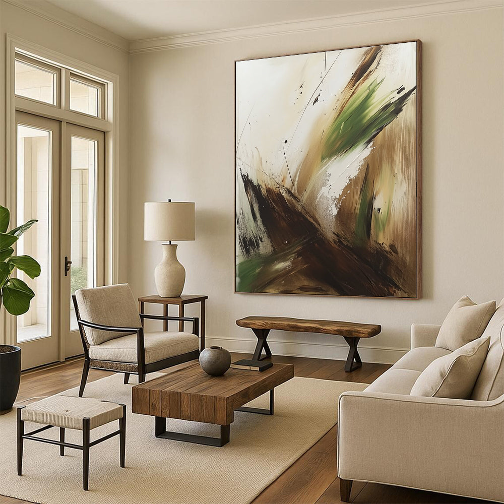 Large abstract painting in earthy brown green and white tones featuring thick brush strokes and splashes inspired by Marjane Satrapi.STSC752