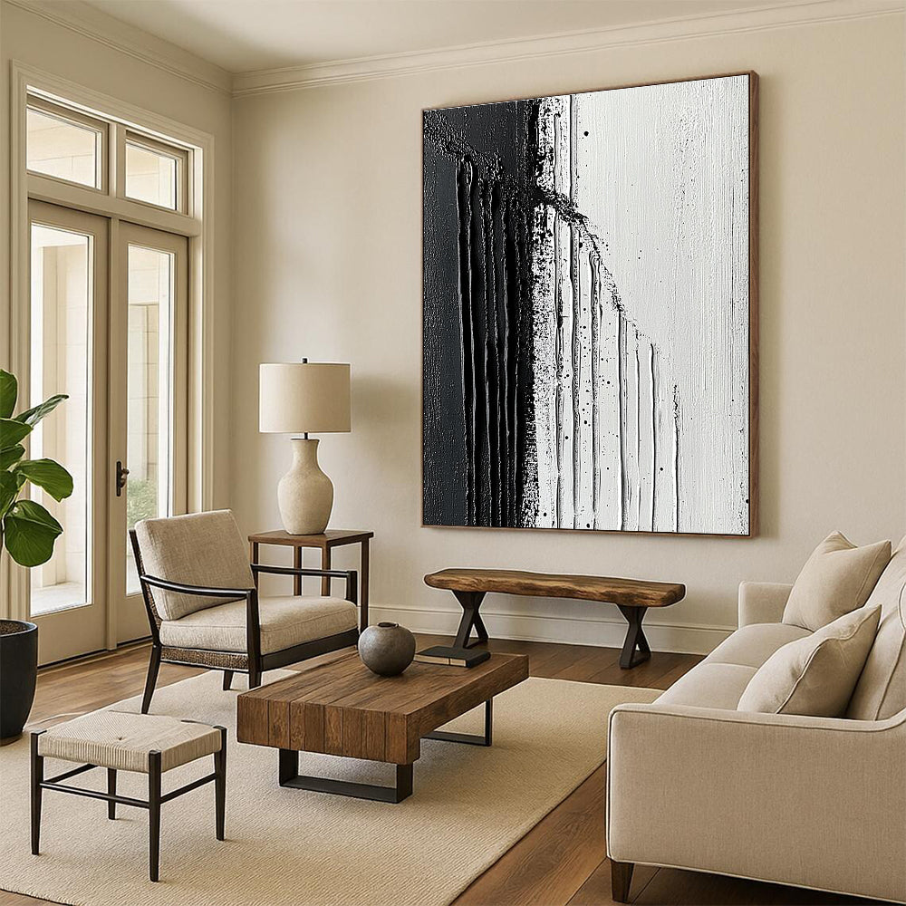 Large abstract painting featuring textured strokes with a striking contrast of dark and light shades embodying minimalism and simplicity on canvas.STSC019
