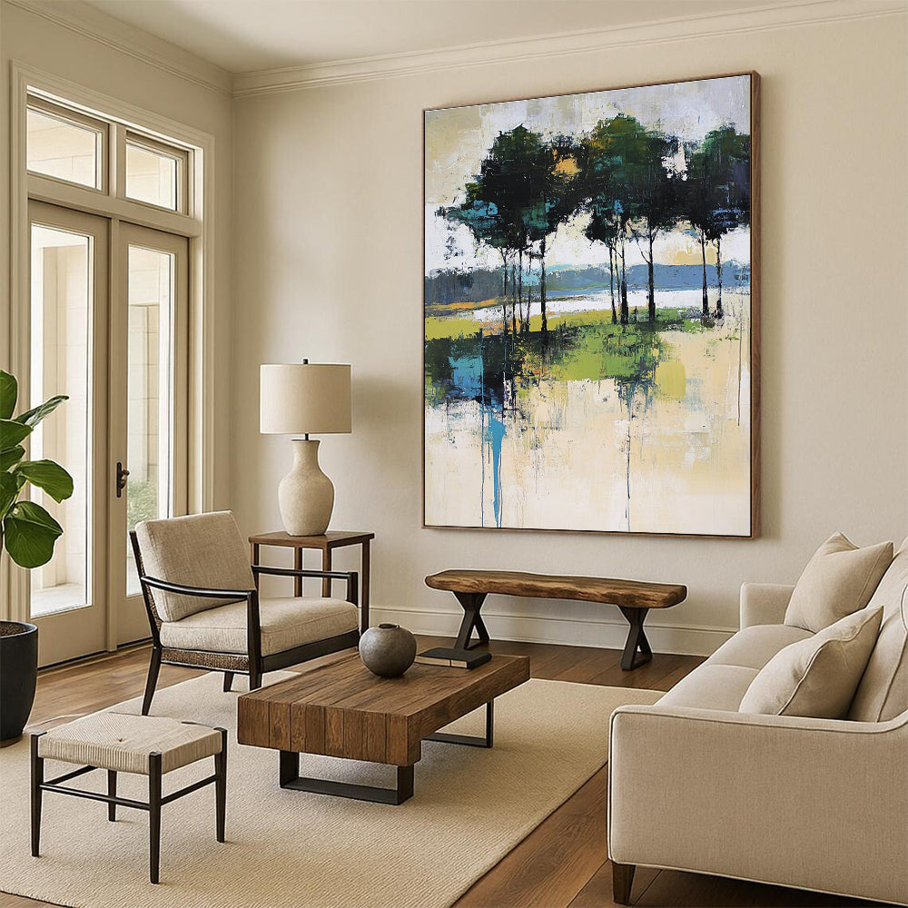 Large abstract painting featuring expressive brush strokes with trees and a lake in soft pale green and beige tones.STSC118