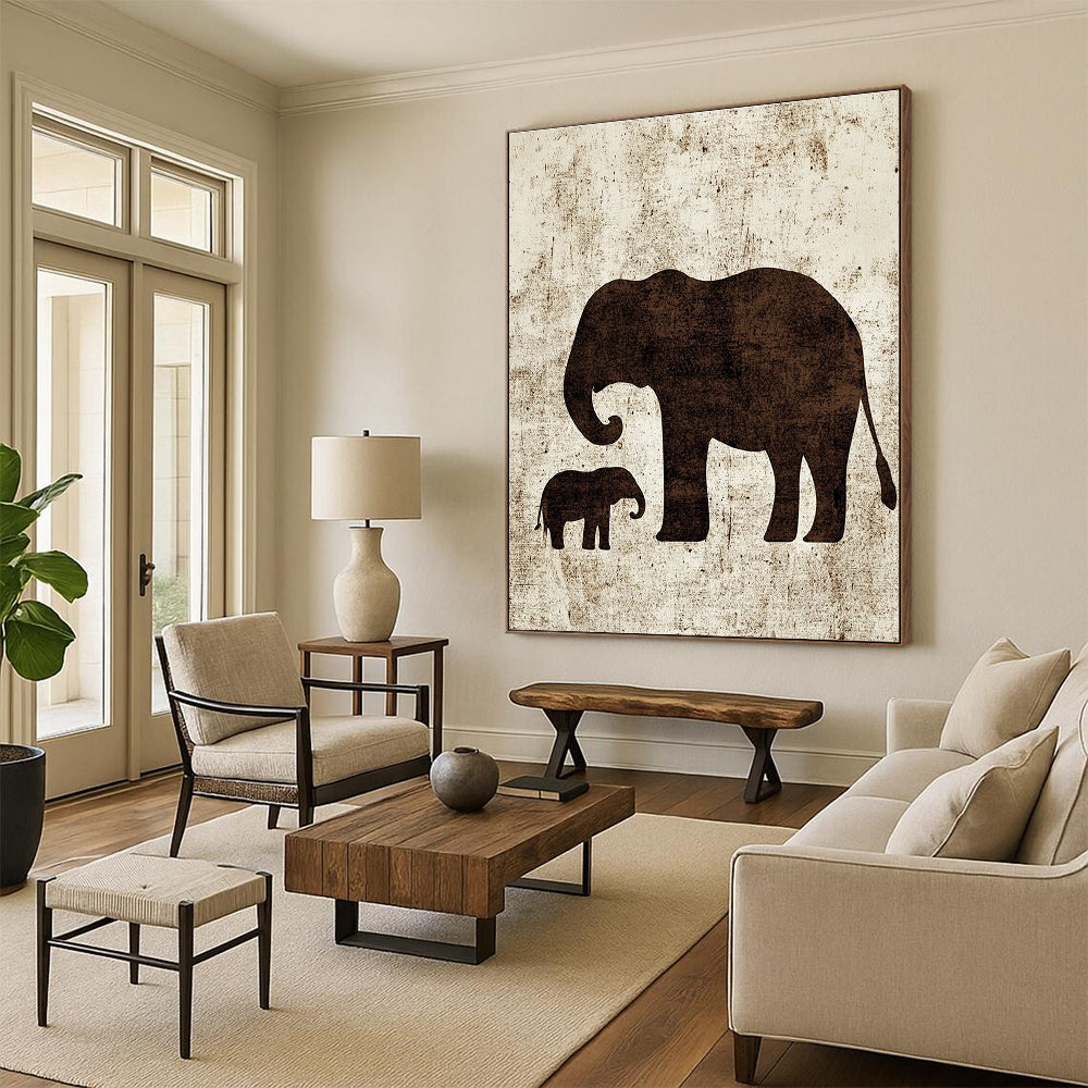 A large abstract artwork featuring minimalist silhouettes of an elephant and a baby elephant in textured brown ink on white paper.STSC1095