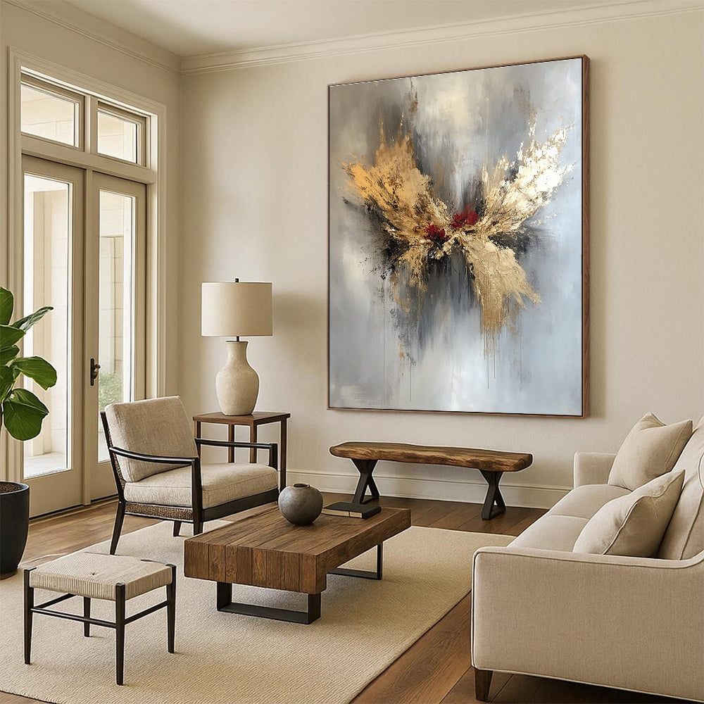 Large abstract painting in gold and silver with red and black splashes featuring elegant floral design and organic forms on a white background.STSC729
