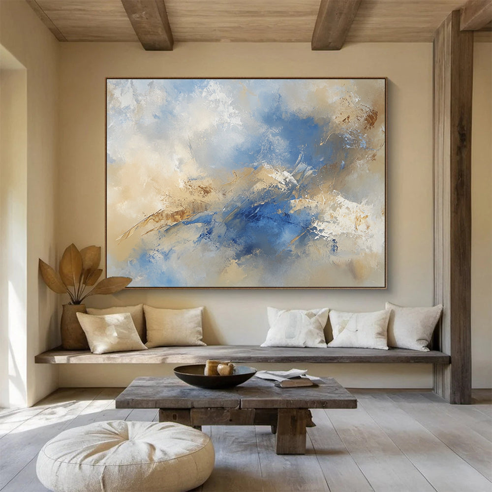 Blue and Beige Abstract Painting with Soft Brushstrokes DYP181