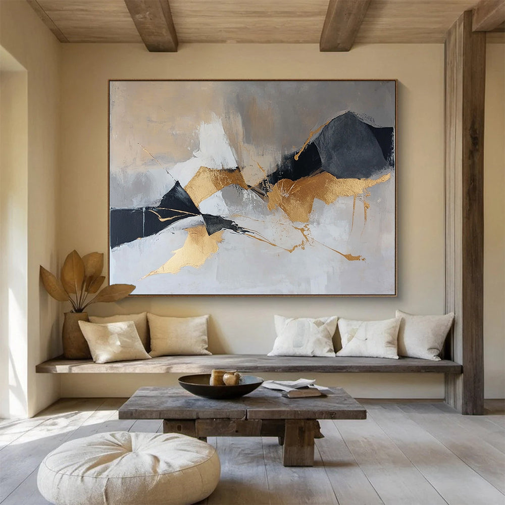 Gold and Gray Abstract Painting with Dynamic Shapes DYP275