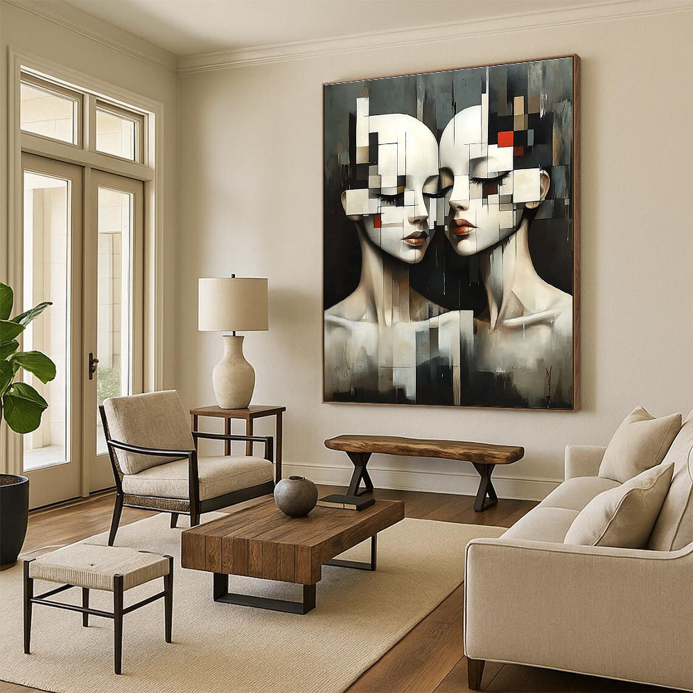 Large abstract painting featuring two female figures in geometric forms with pixelated faces and a dark background in Ismail Inceoglu's style.STSC1447