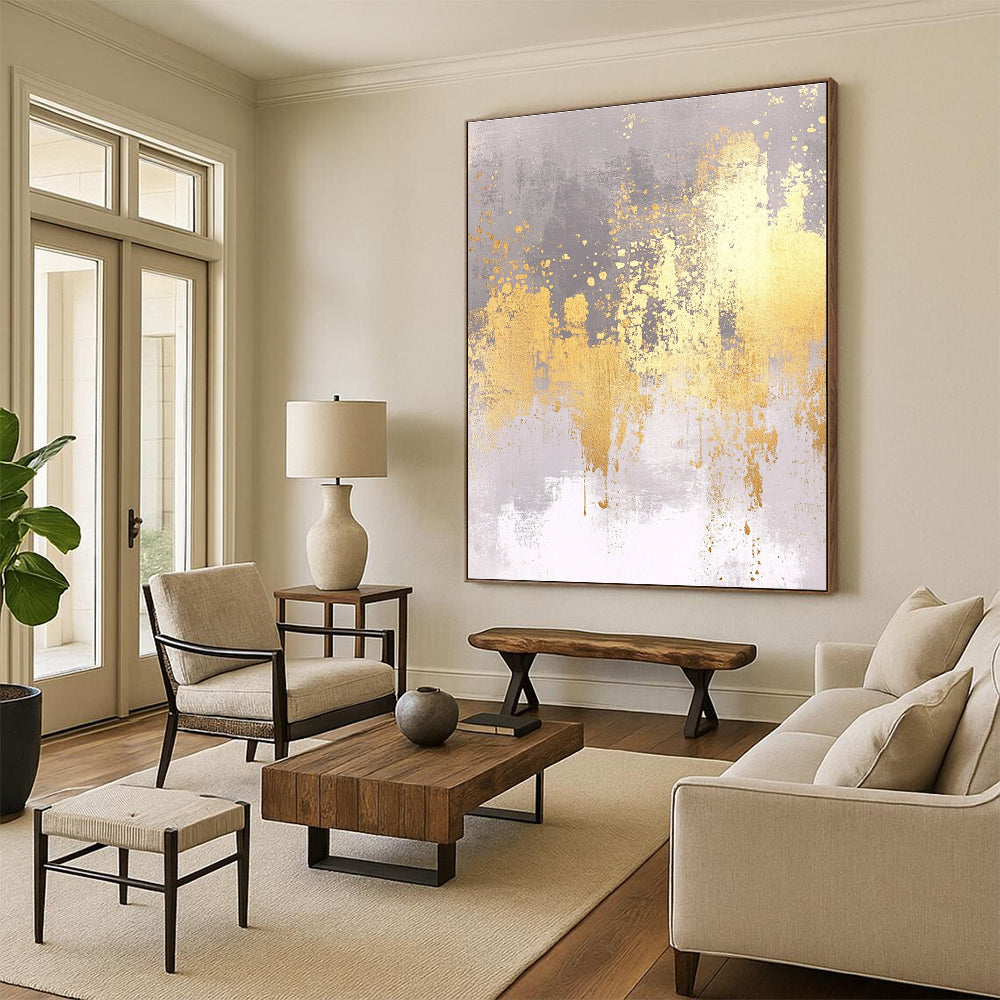 Gold and Gray Abstract Painting with Textured Splashes GER419