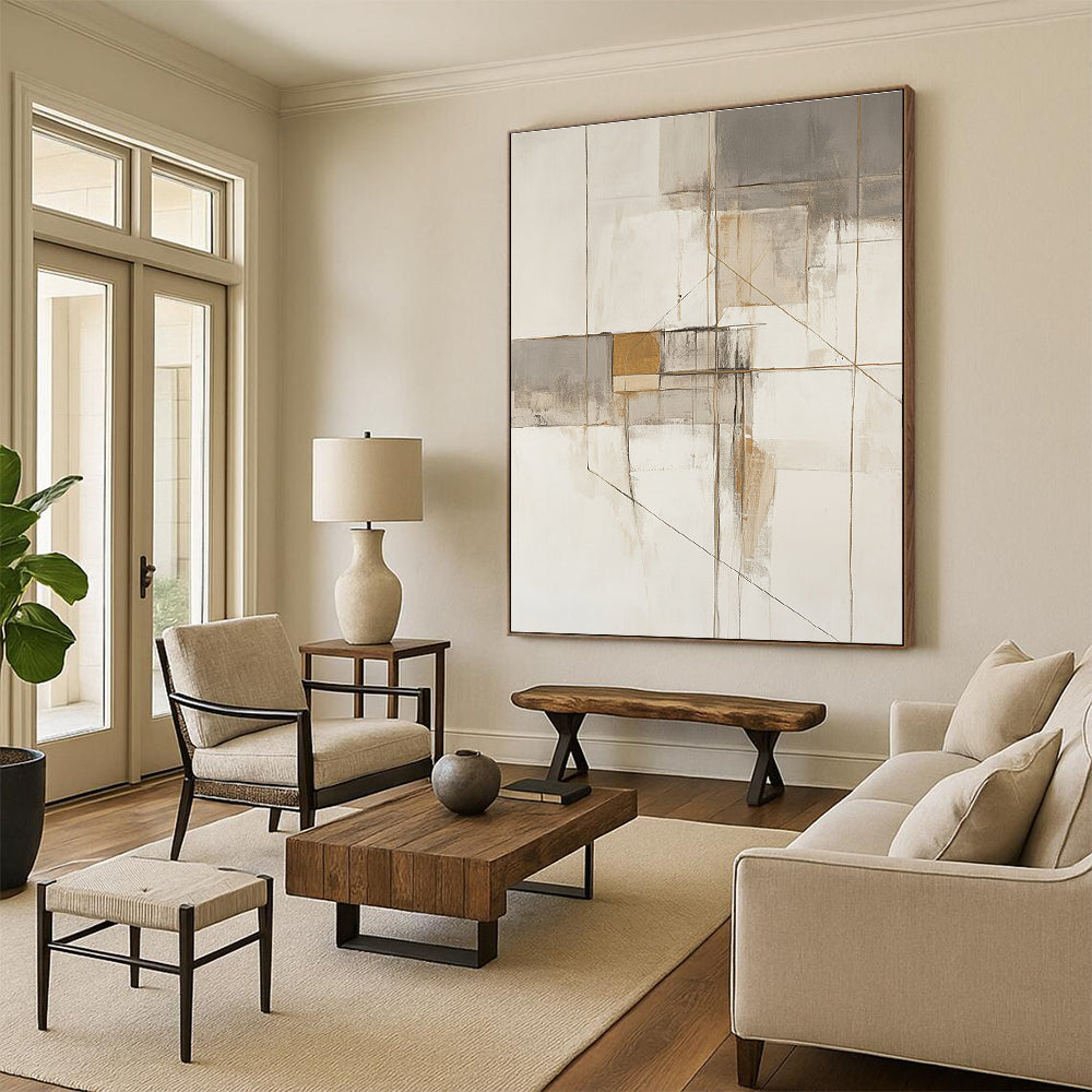 Large abstract painting in neutral tones with gold accents showcasing architectural themes through geometric shapes and lines.STSC620
