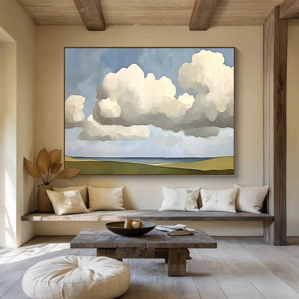 Large abstract painting of clouds in the sky inspired by Fairfield Porter featuring soft hues and fluid forms that evoke tranquility.SC601