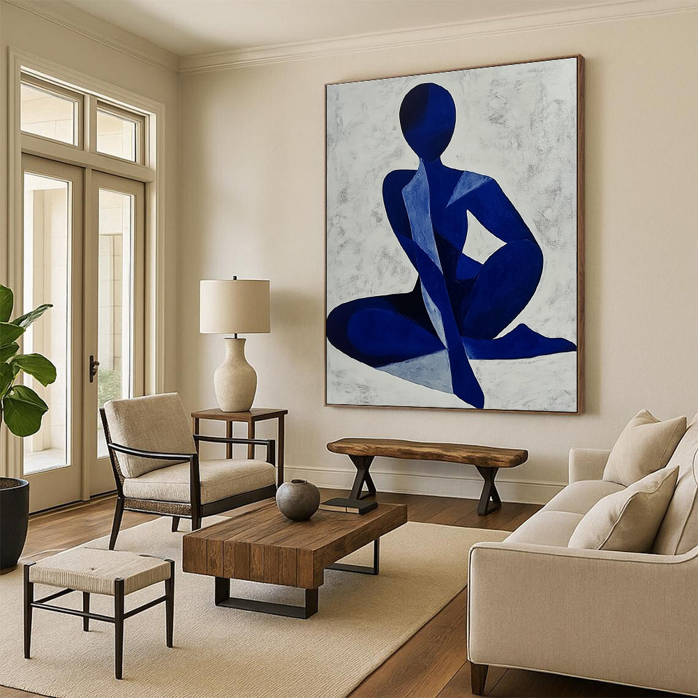 Abstract painting of a blue woman’s body, minimalist style with monochrome colors on light grey background, perfect for modern decor.STSC1405