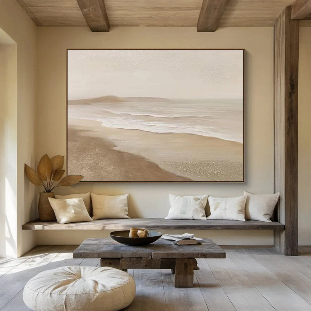 Beige Coastal Abstract Painting with Soft, Dreamy Atmosphere THY397