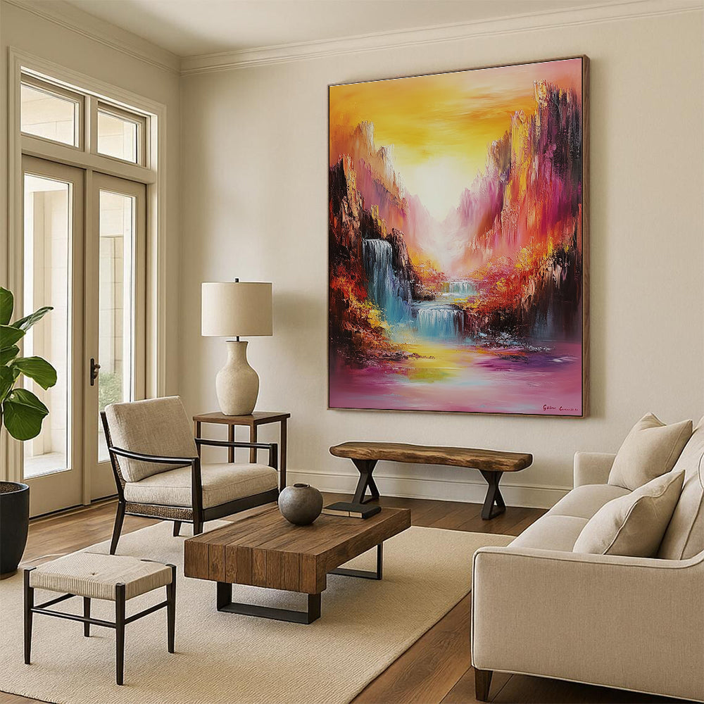 Large abstract oil painting featuring vibrant mountains and waterfalls in rainbow colors with bold brush strokes and a dreamy golden hour landscape.STSC1374