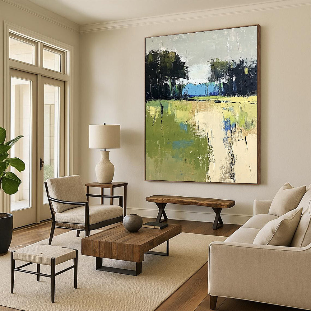 Large abstract painting featuring green and blue fields with distant trees in beige and dark gray tones on a textured canvas.STSC186