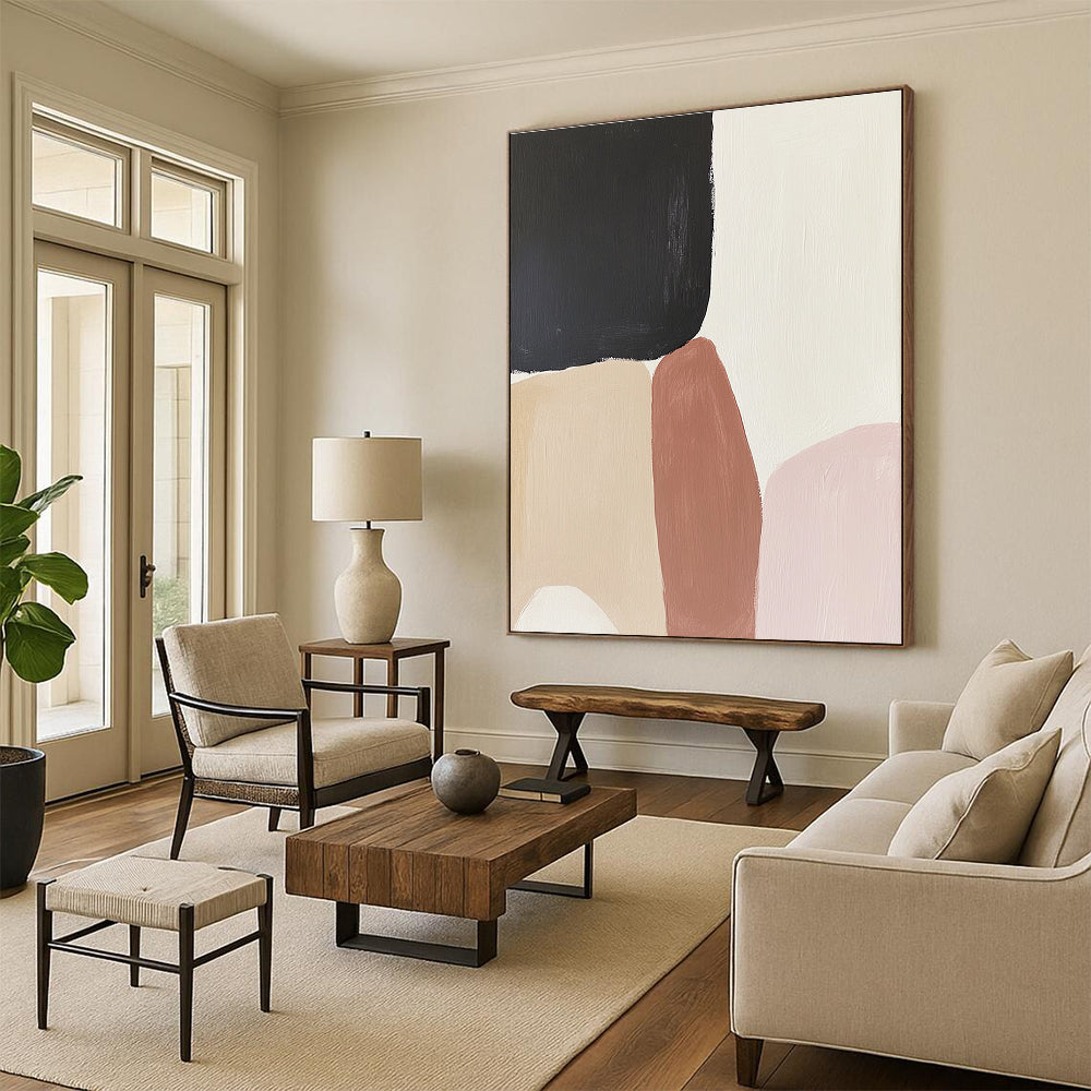 Large abstract painting inspired by Rothko featuring cream beige pink and black hues with earthy tones and organic shapes.STSC480