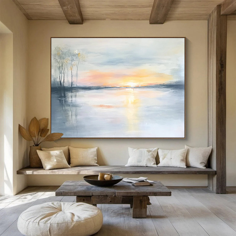 Soft Sunset Lake Abstract Painting with Pastel Hues and Reflections DYP242