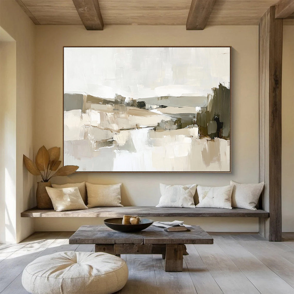Large abstract oil painting of the French countryside with thick brush strokes depicting a river and hills in muted earth tones.SC128