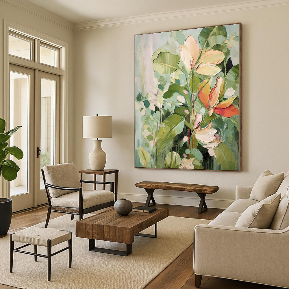 Green and Beige Tropical Flowers Abstract Painting ADGE083