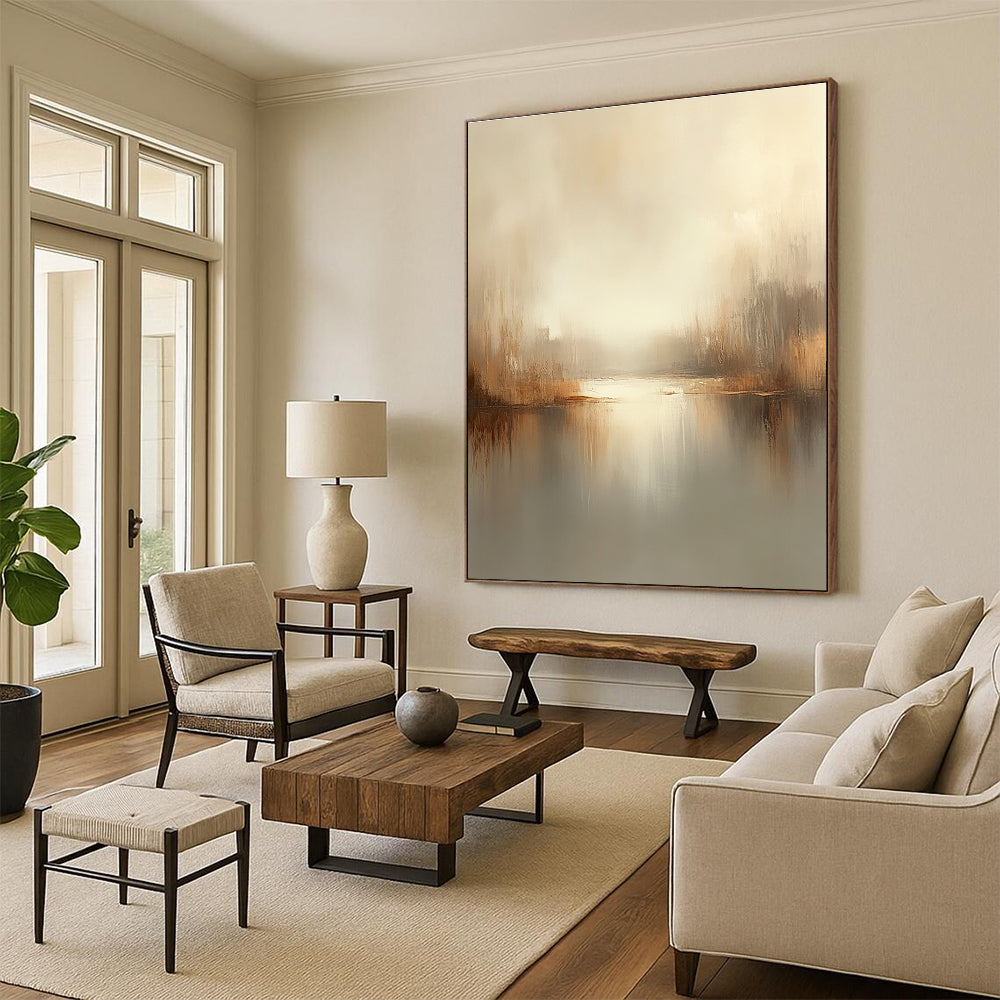 Large abstract painting in soft beige and gray tones with blurred edges and tranquil mood creates a serene atmosphere for modern art lovers.STSC102